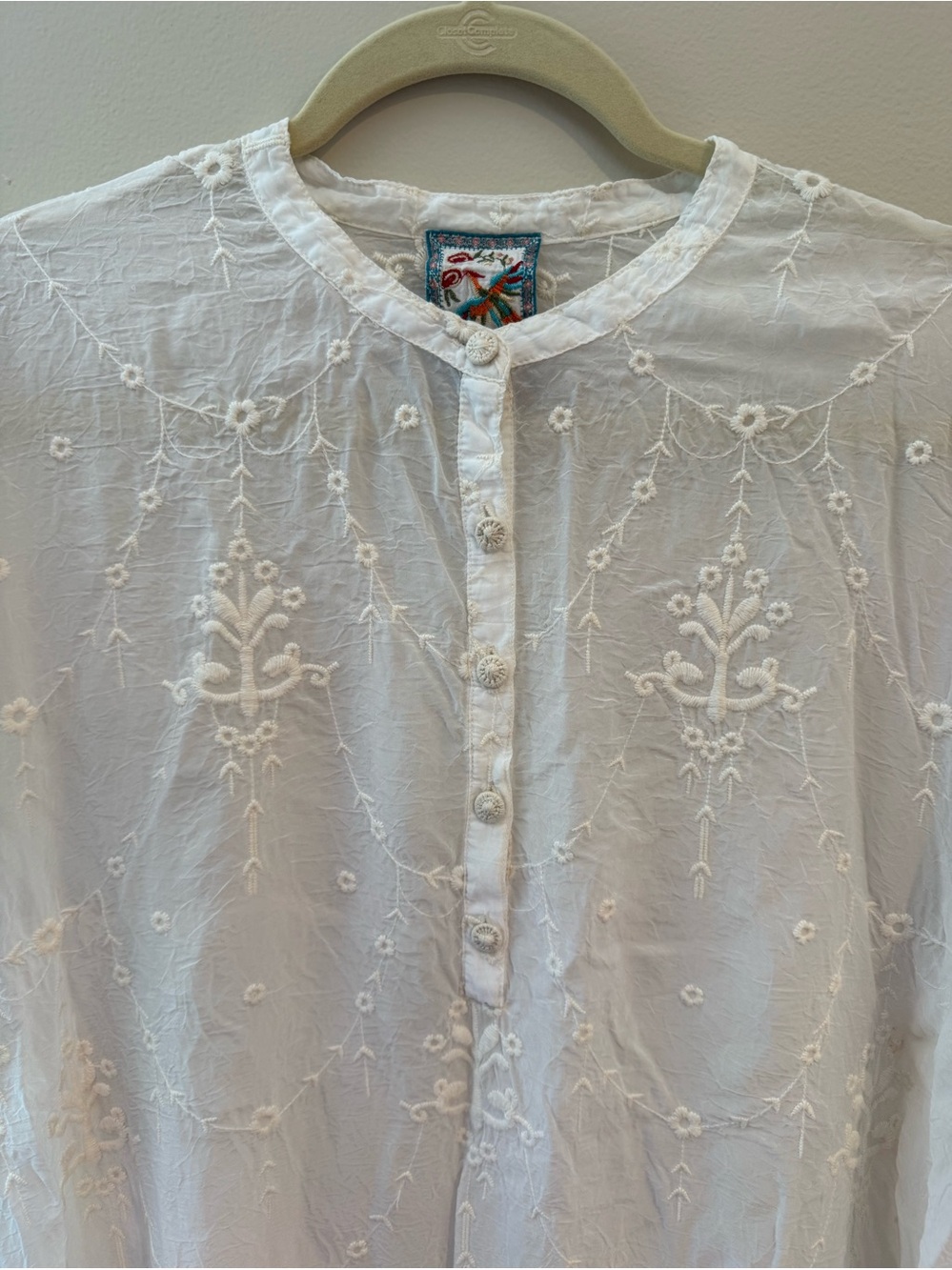 Johnny Was Monark White/Ivory Embroidered Scalloped Hem Tunic Top, Size Large